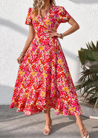 PRETTYGARDEN Women's Summer Maxi Dress Casual Wrap Floral Boho Short Sleeve V Neck Split Ruffle Beach Long Dresses