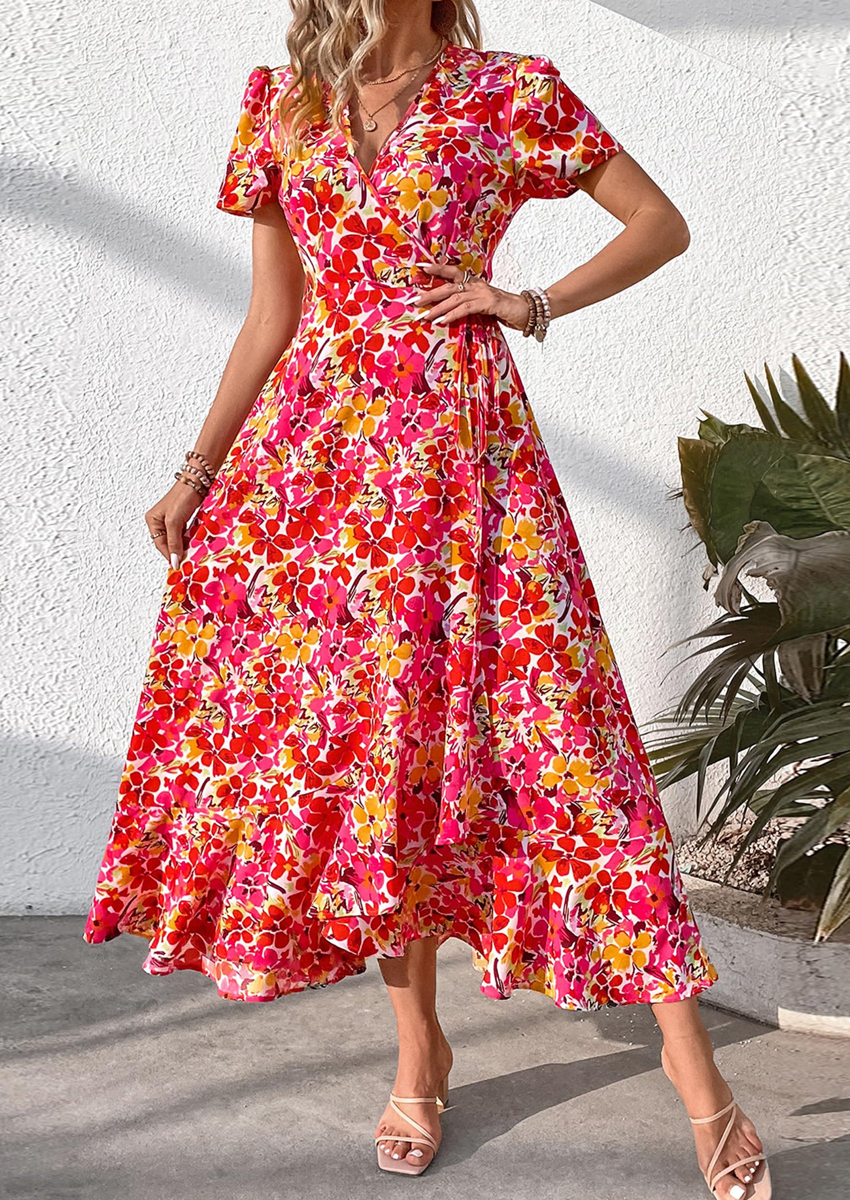 PRETTYGARDEN Women's Summer Maxi Dress Casual Wrap Floral Boho Short Sleeve V Neck Split Ruffle Beach Long Dresses