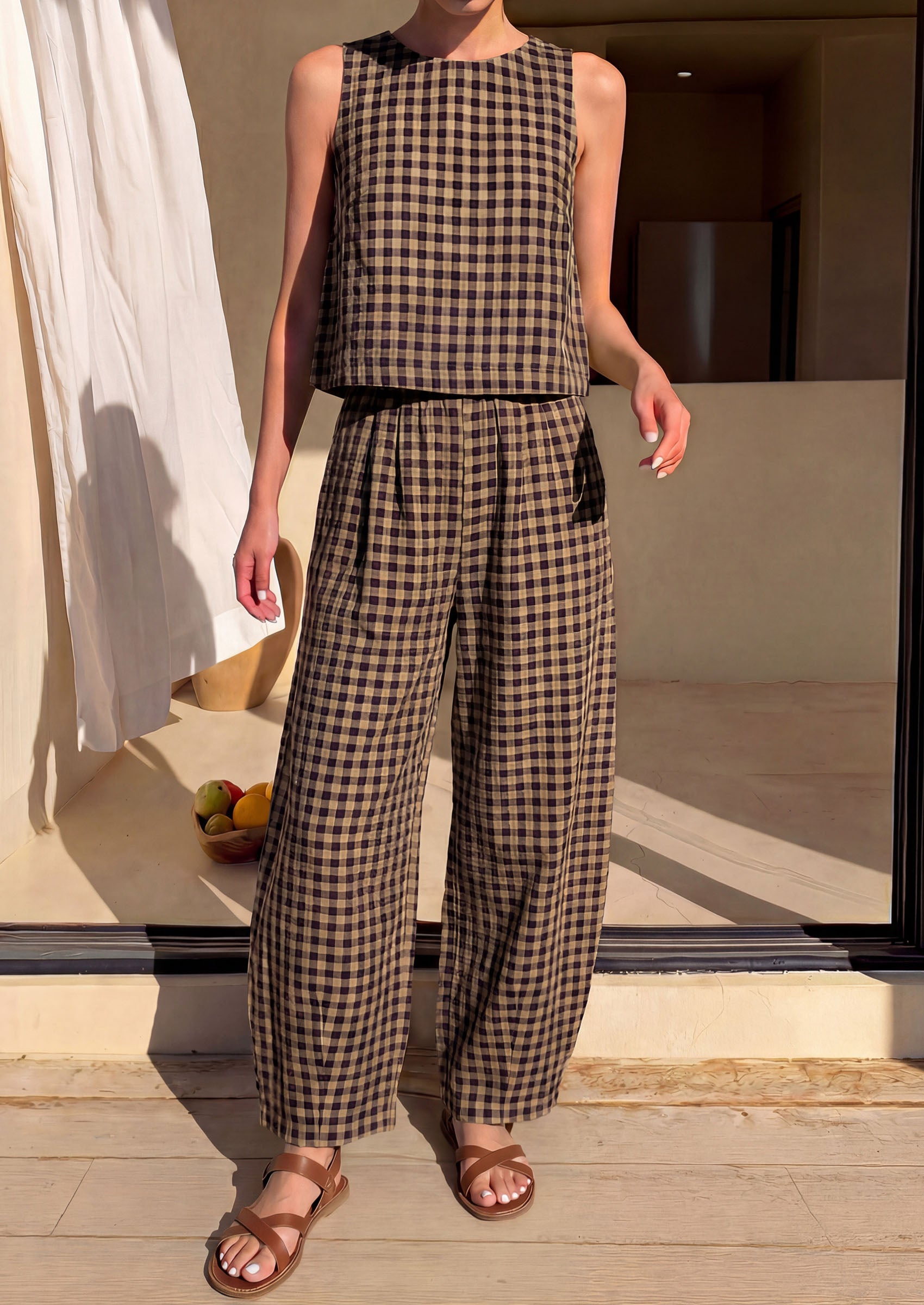 PRETTYGARDEN Womens 2 Piece Sets Summer Plaid Sleeveless Tops Wide Leg Pants Matching Lounge Set Beach Vacation Outfits