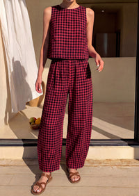 PRETTYGARDEN Womens 2 Piece Sets Summer Plaid Sleeveless Tops Wide Leg Pants Matching Lounge Set Beach Vacation Outfits