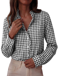 PRETTYGARDEN Womens Long Sleeve Button Down Shirts | Soft Cotton Fabric, Fashion Plaid Shirt, Basic Collared V Neck, Work Business Casual Blouses, 2026 Fall Trendy Outfits