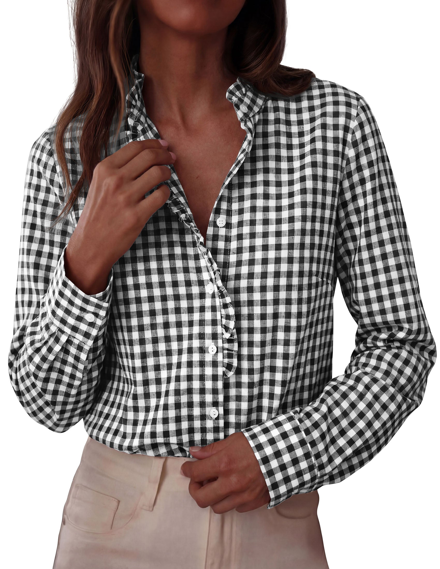 PRETTYGARDEN Womens Long Sleeve Button Down Shirts | Soft Cotton Fabric, Fashion Plaid Shirt, Basic Collared V Neck, Work Business Casual Blouses, 2026 Fall Trendy Outfits