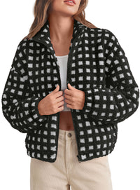 PRETTYGARDEN Women's Gingham Sherpa Fleece Jacket Plaid Cropped Teddy Coat  Trendy Y2K Winter Jacket, Zip Up Stand Collar, Side Pockets, Fall Outfit for Casual Daily, Going Out, Streetwear, Outdoor