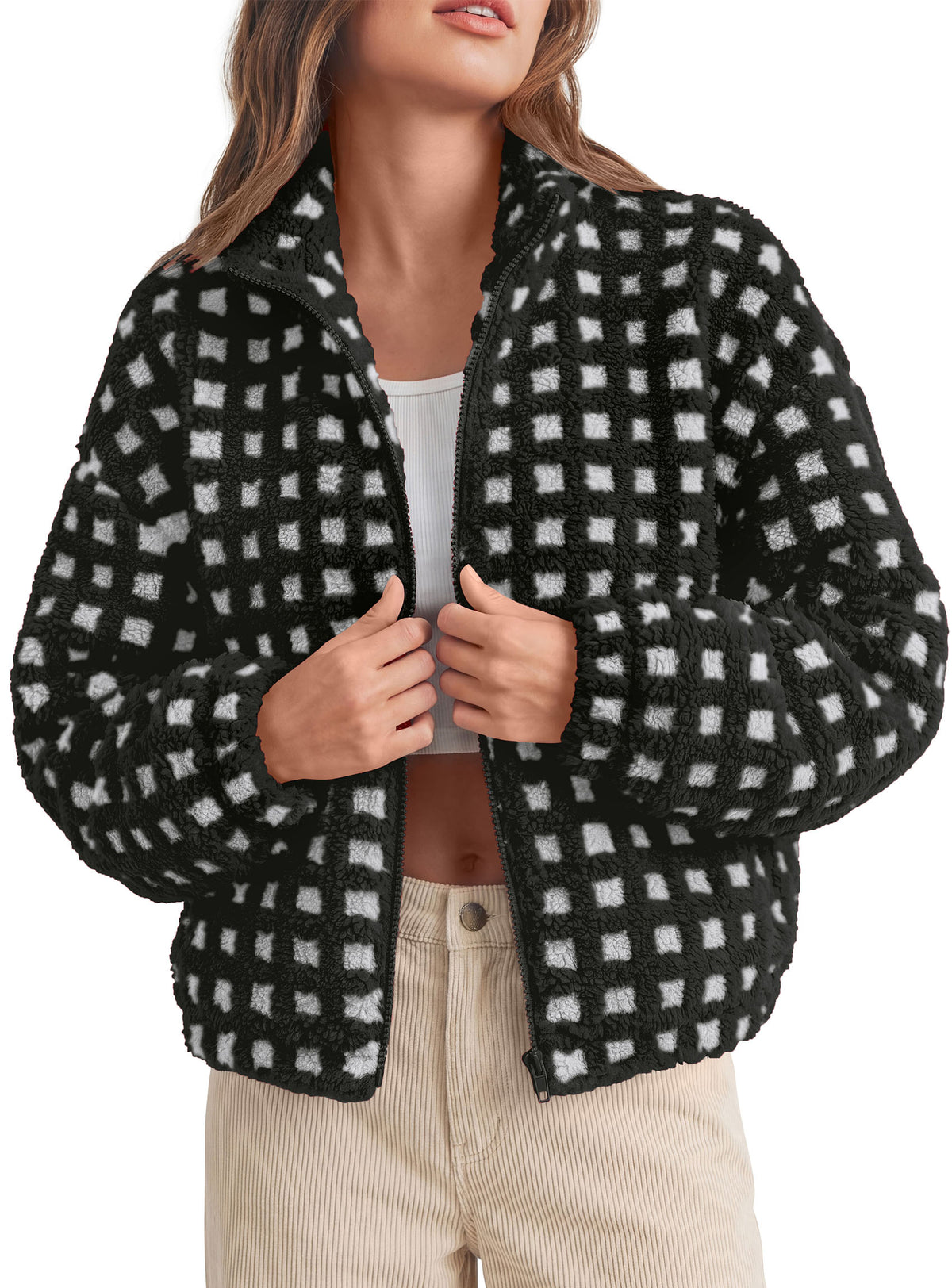 PRETTYGARDEN Women's Gingham Sherpa Fleece Jacket Plaid Cropped Teddy Coat  Trendy Y2K Winter Jacket, Zip Up Stand Collar, Side Pockets, Fall Outfit for Casual Daily, Going Out, Streetwear, Outdoor