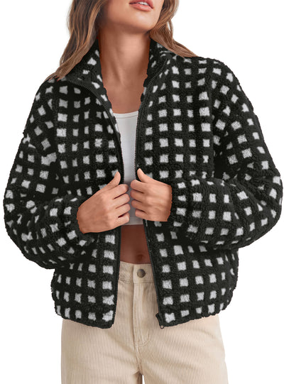PRETTYGARDEN Women's Gingham Sherpa Fleece Jacket Plaid Cropped Teddy Coat  Trendy Y2K Winter Jacket, Zip Up Stand Collar, Side Pockets, Fall Outfit for Casual Daily, Going Out, Streetwear, Outdoor