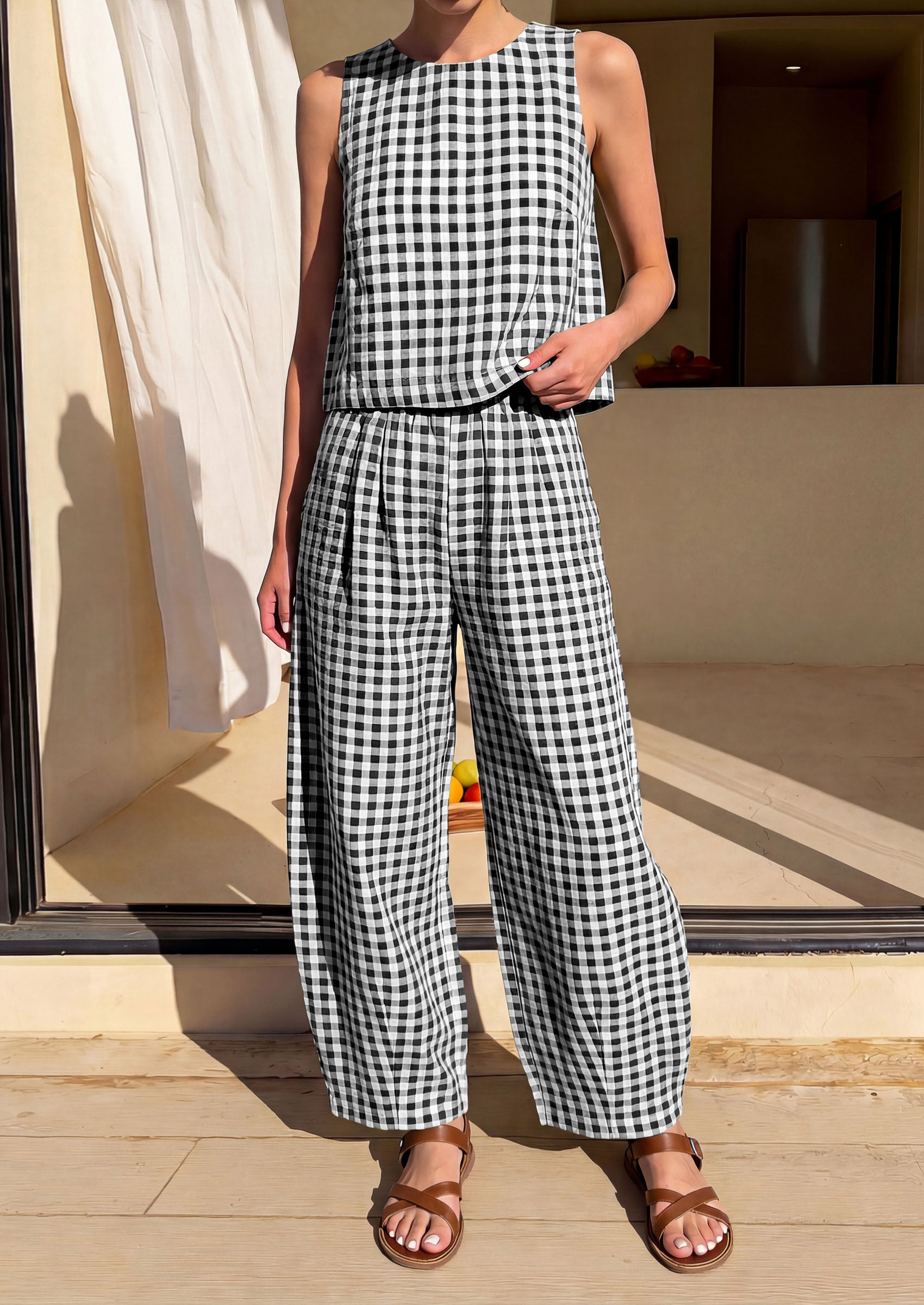 PRETTYGARDEN Womens 2 Piece Sets Summer Plaid Sleeveless Tops Wide Leg Pants Matching Lounge Set Beach Vacation Outfits