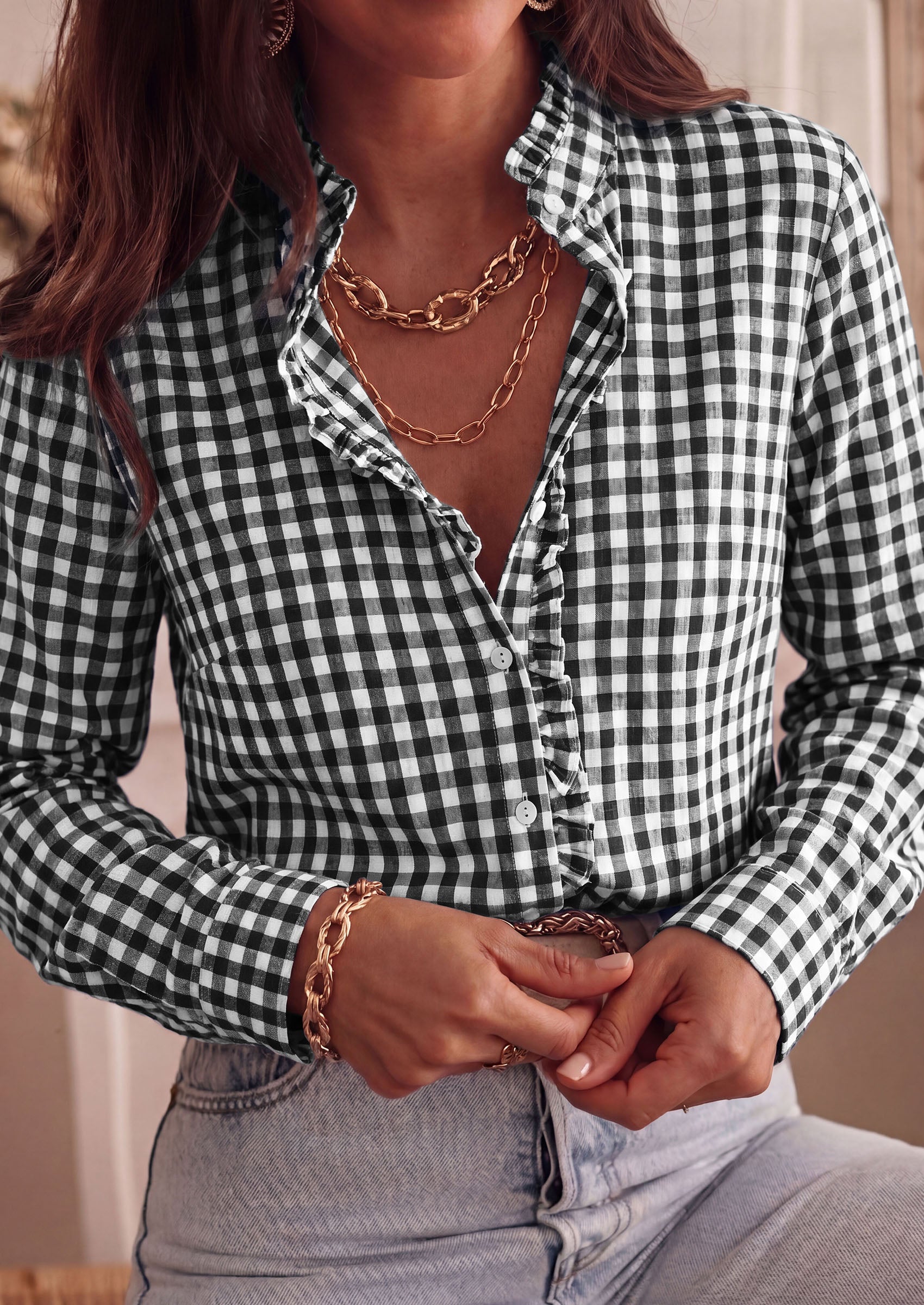 PRETTYGARDEN Womens Long Sleeve Button Down Shirts | Soft Cotton Fabric, Fashion Plaid Shirt, Basic Collared V Neck, Work Business Casual Blouses, 2026 Fall Trendy Outfits