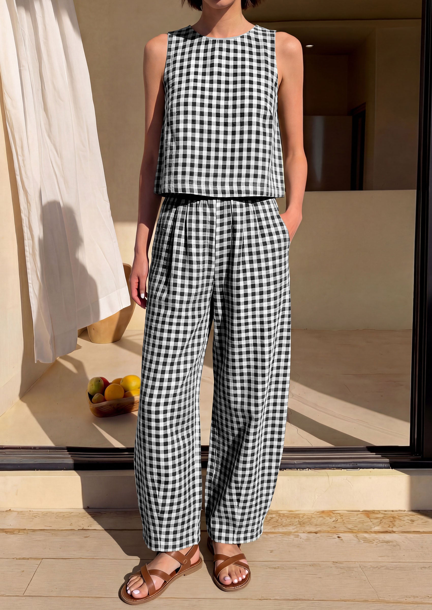 PRETTYGARDEN Womens 2 Piece Sets Summer Plaid Sleeveless Tops Wide Leg Pants Matching Lounge Set Beach Vacation Outfits