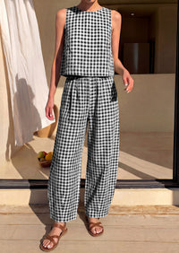 PRETTYGARDEN Womens 2 Piece Sets Summer Plaid Sleeveless Tops Wide Leg Pants Matching Lounge Set Beach Vacation Outfits