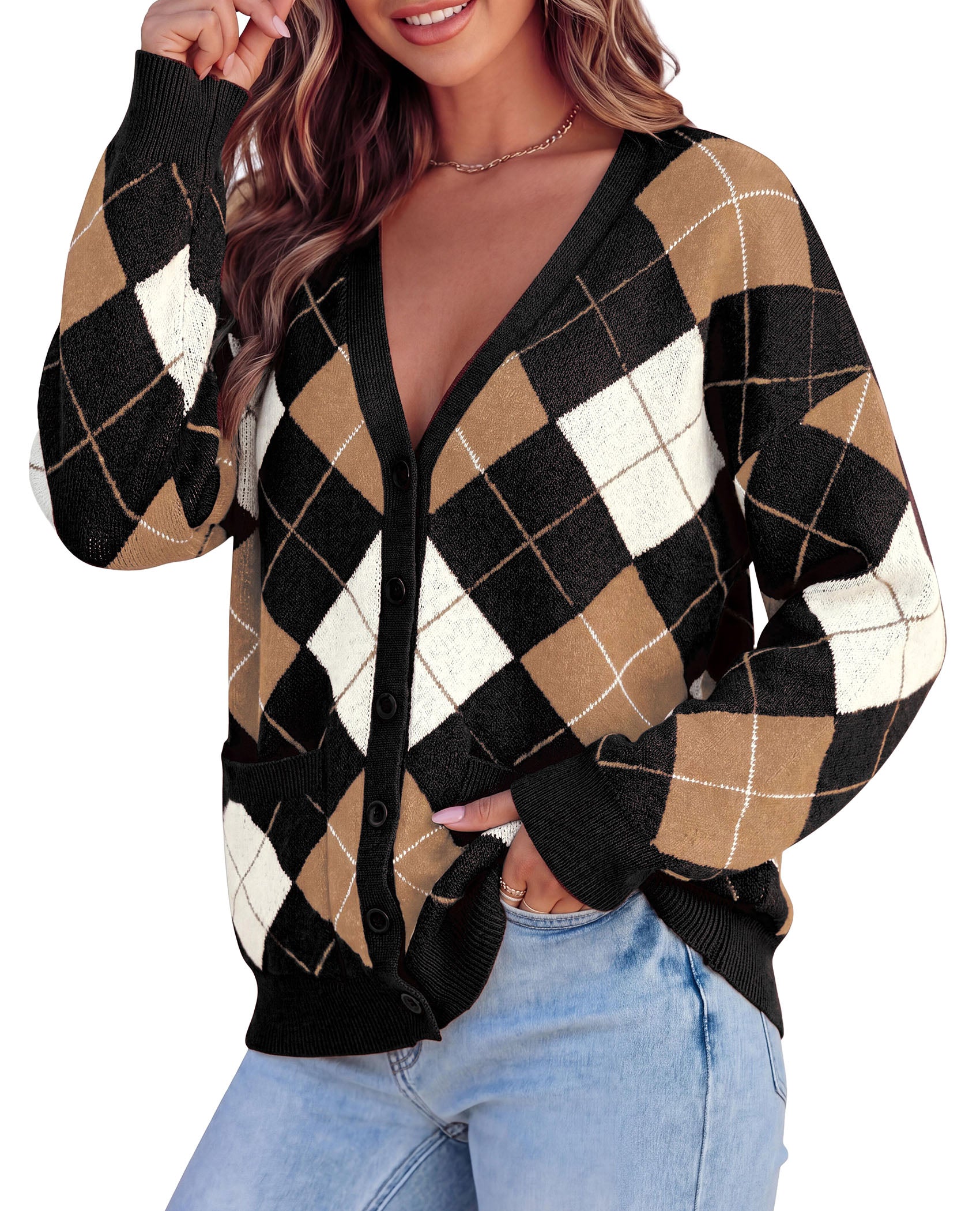 PRETTYGARDEN Women's Cardigan Argyle Winter Sweaters | Cozy Warm Chunky Knit, Long Sleeve V Neck, Color Block Plaid, Button Up Pocket,Trendy Fall Jackets, Holiday Going Out Outfits