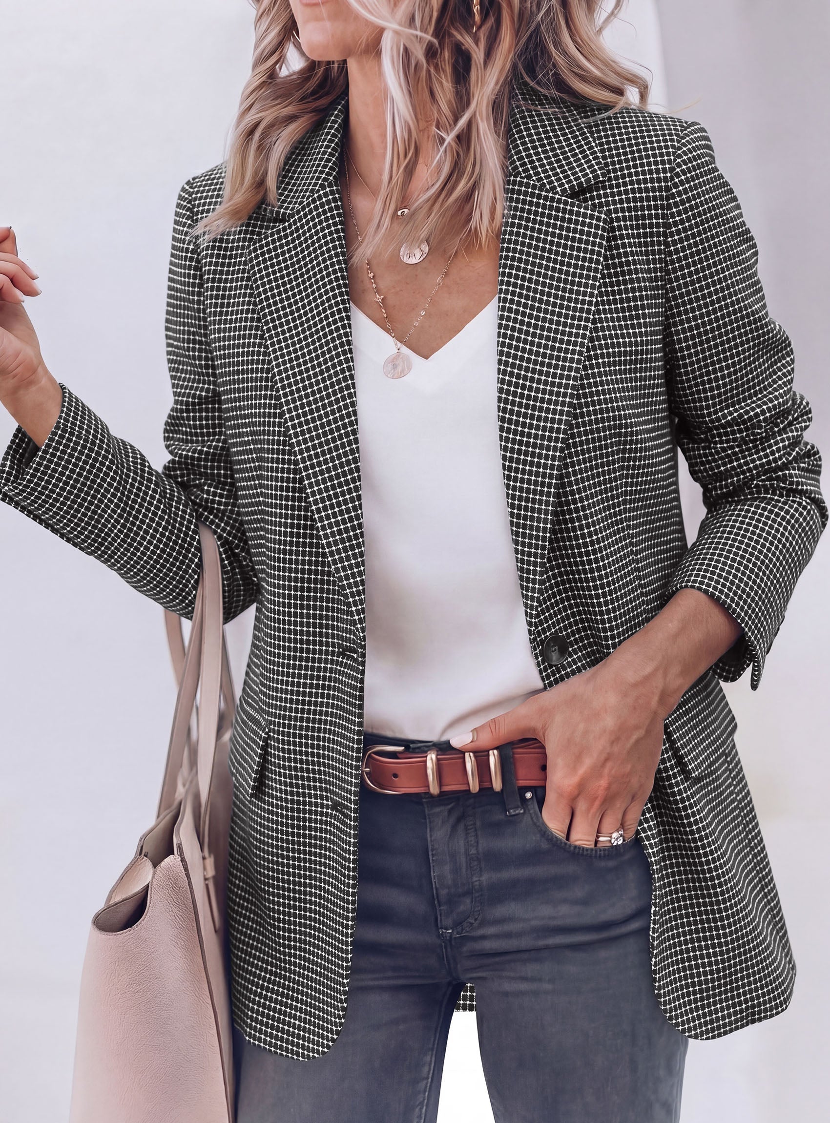 PRETTYGARDEN Fall Blazers for Women Business Casual | Long Sleeve Plaid Houndstooth, Notch Lapel Pockets, Oversized Blazer Outerwear, Trendy Suit Jackets, 2026 Winter Work Outfits