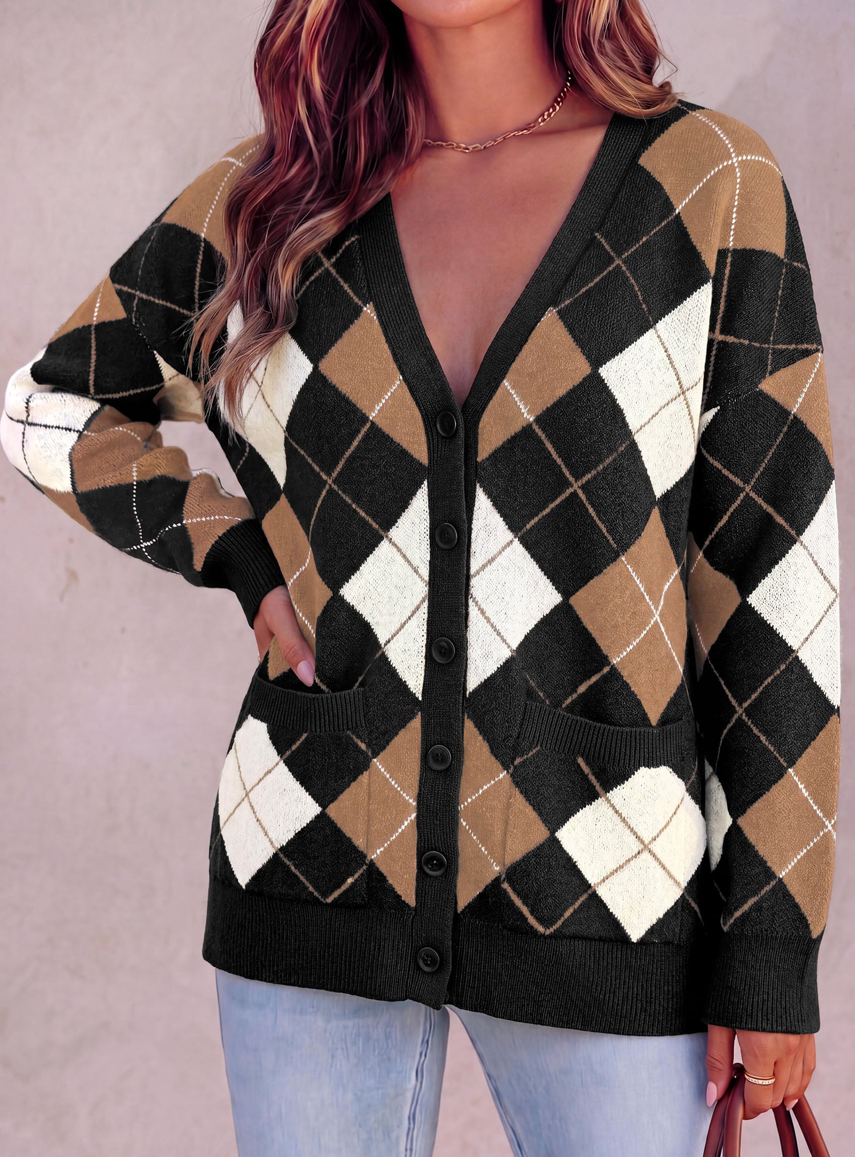 PRETTYGARDEN Women's Cardigan Argyle Winter Sweaters | Cozy Warm Chunky Knit, Long Sleeve V Neck, Color Block Plaid, Button Up Pocket,Trendy Fall Jackets, Holiday Going Out Outfits