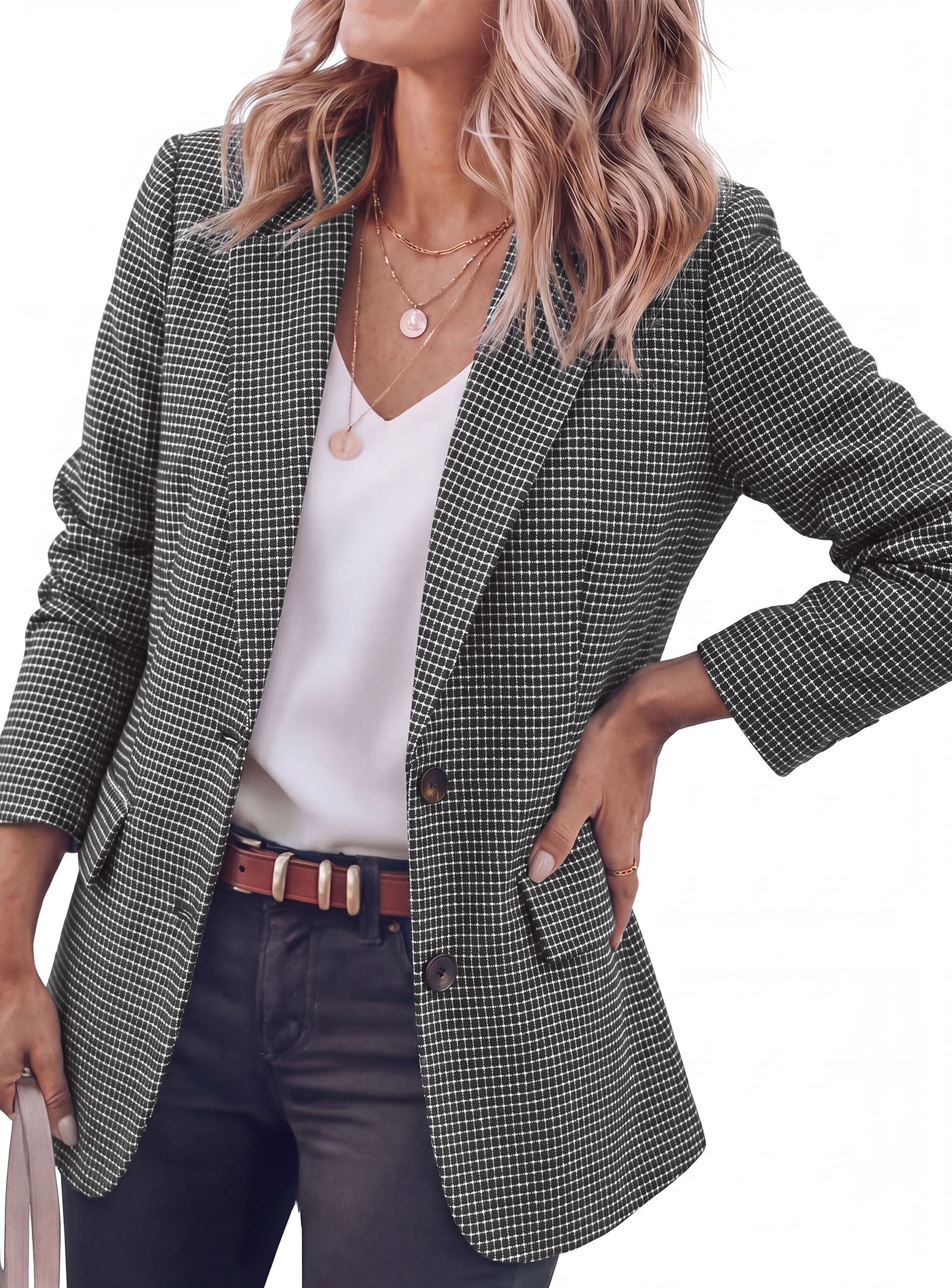 PRETTYGARDEN Fall Blazers for Women Business Casual | Long Sleeve Plaid Houndstooth, Notch Lapel Pockets, Oversized Blazer Outerwear, Trendy Suit Jackets, 2026 Winter Work Outfits