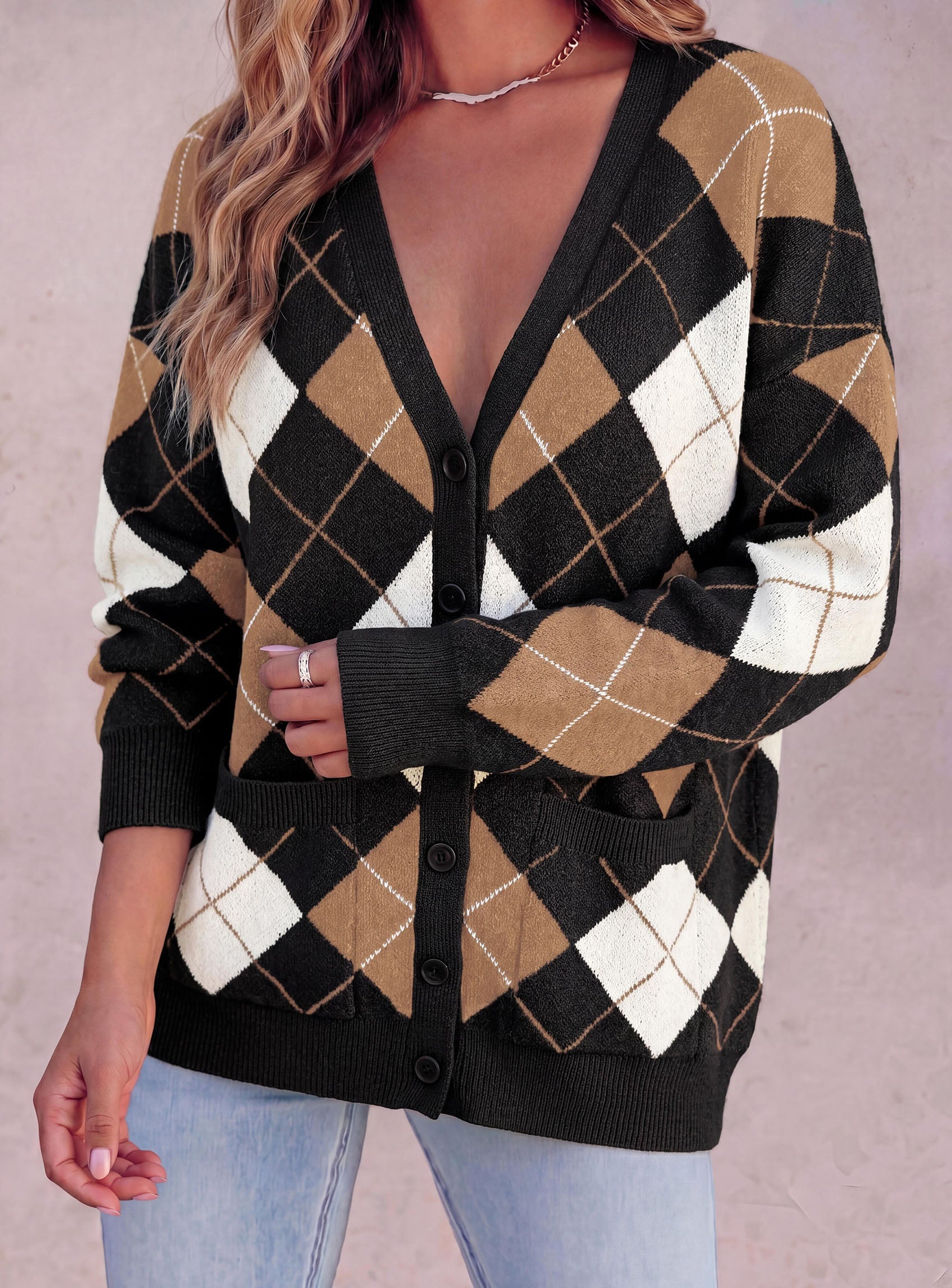 PRETTYGARDEN Women's Cardigan Argyle Winter Sweaters | Cozy Warm Chunky Knit, Long Sleeve V Neck, Color Block Plaid, Button Up Pocket,Trendy Fall Jackets, Holiday Going Out Outfits