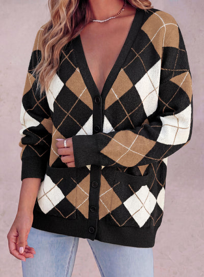 PRETTYGARDEN Women's Cardigan Argyle Winter Sweaters | Cozy Warm Chunky Knit, Long Sleeve V Neck, Color Block Plaid, Button Up Pocket,Trendy Fall Jackets, Holiday Going Out Outfits