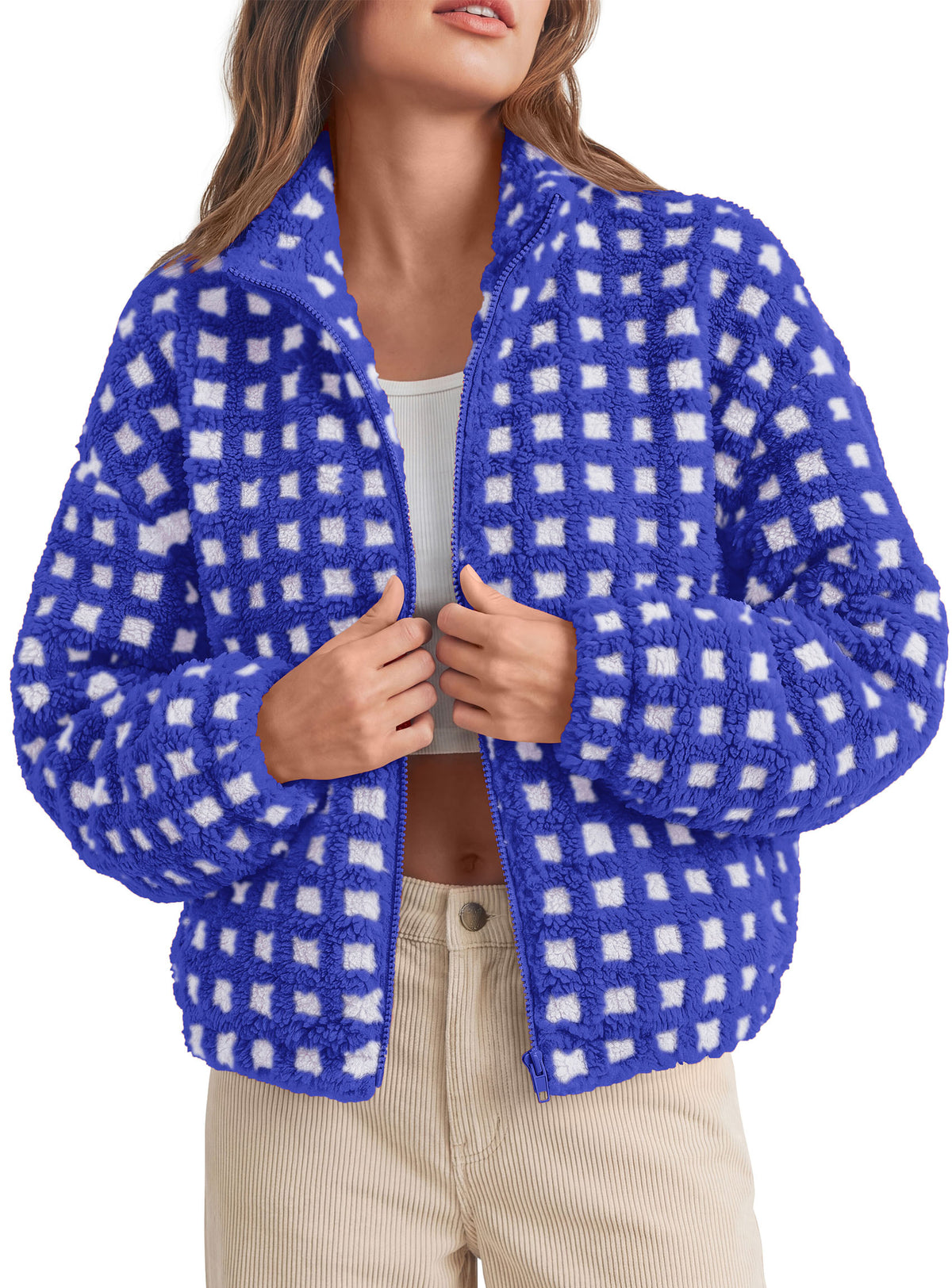 PRETTYGARDEN Women's Gingham Sherpa Fleece Jacket Plaid Cropped Teddy Coat  Trendy Y2K Winter Jacket, Zip Up Stand Collar, Side Pockets, Fall Outfit for Casual Daily, Going Out, Streetwear, Outdoor