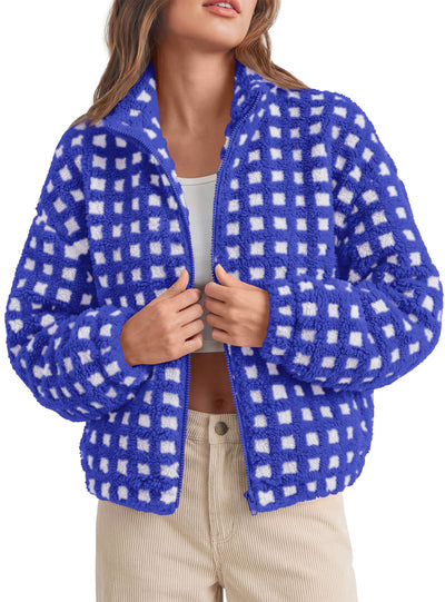 PRETTYGARDEN Women's Gingham Sherpa Fleece Jacket Plaid Cropped Teddy Coat  Trendy Y2K Winter Jacket, Zip Up Stand Collar, Side Pockets, Fall Outfit for Casual Daily, Going Out, Streetwear, Outdoor