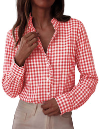 PRETTYGARDEN Womens Long Sleeve Button Down Shirts | Soft Cotton Fabric, Fashion Plaid Shirt, Basic Collared V Neck, Work Business Casual Blouses, 2026 Fall Trendy Outfits