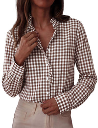 PRETTYGARDEN Womens Long Sleeve Button Down Shirts | Soft Cotton Fabric, Fashion Plaid Shirt, Basic Collared V Neck, Work Business Casual Blouses, 2026 Fall Trendy Outfits