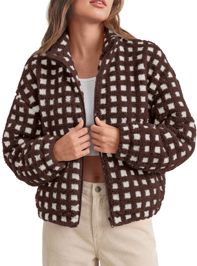 PRETTYGARDEN Women's Gingham Sherpa Fleece Jacket Plaid Cropped Teddy Coat  Trendy Y2K Winter Jacket, Zip Up Stand Collar, Side Pockets, Fall Outfit for Casual Daily, Going Out, Streetwear, Outdoor