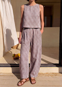PRETTYGARDEN Womens 2 Piece Sets Summer Plaid Sleeveless Tops Wide Leg Pants Matching Lounge Set Beach Vacation Outfits