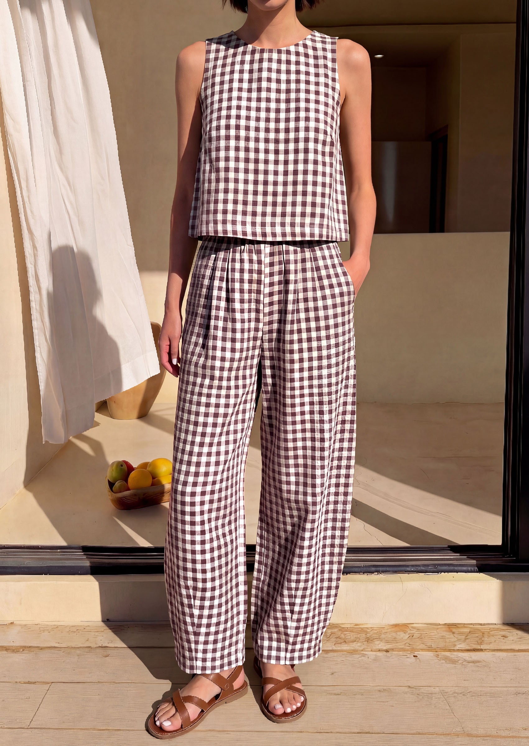 PRETTYGARDEN Womens 2 Piece Sets Summer Plaid Sleeveless Tops Wide Leg Pants Matching Lounge Set Beach Vacation Outfits