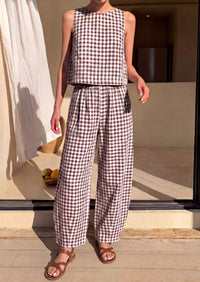 PRETTYGARDEN Womens 2 Piece Sets Summer Plaid Sleeveless Tops Wide Leg Pants Matching Lounge Set Beach Vacation Outfits