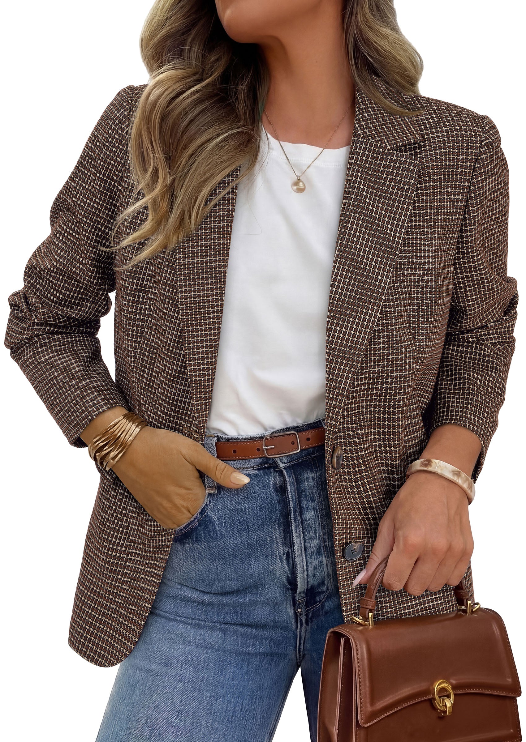 PRETTYGARDEN Fall Blazers for Women Business Casual | Long Sleeve Plaid Houndstooth, Notch Lapel Pockets, Oversized Blazer Outerwear, Trendy Suit Jackets, 2026 Winter Work Outfits