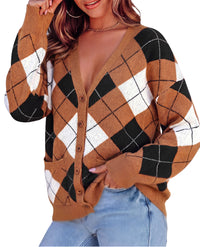 PRETTYGARDEN Women's Cardigan Argyle Winter Sweaters | Cozy Warm Chunky Knit, Long Sleeve V Neck, Color Block Plaid, Button Up Pocket,Trendy Fall Jackets, Holiday Going Out Outfits