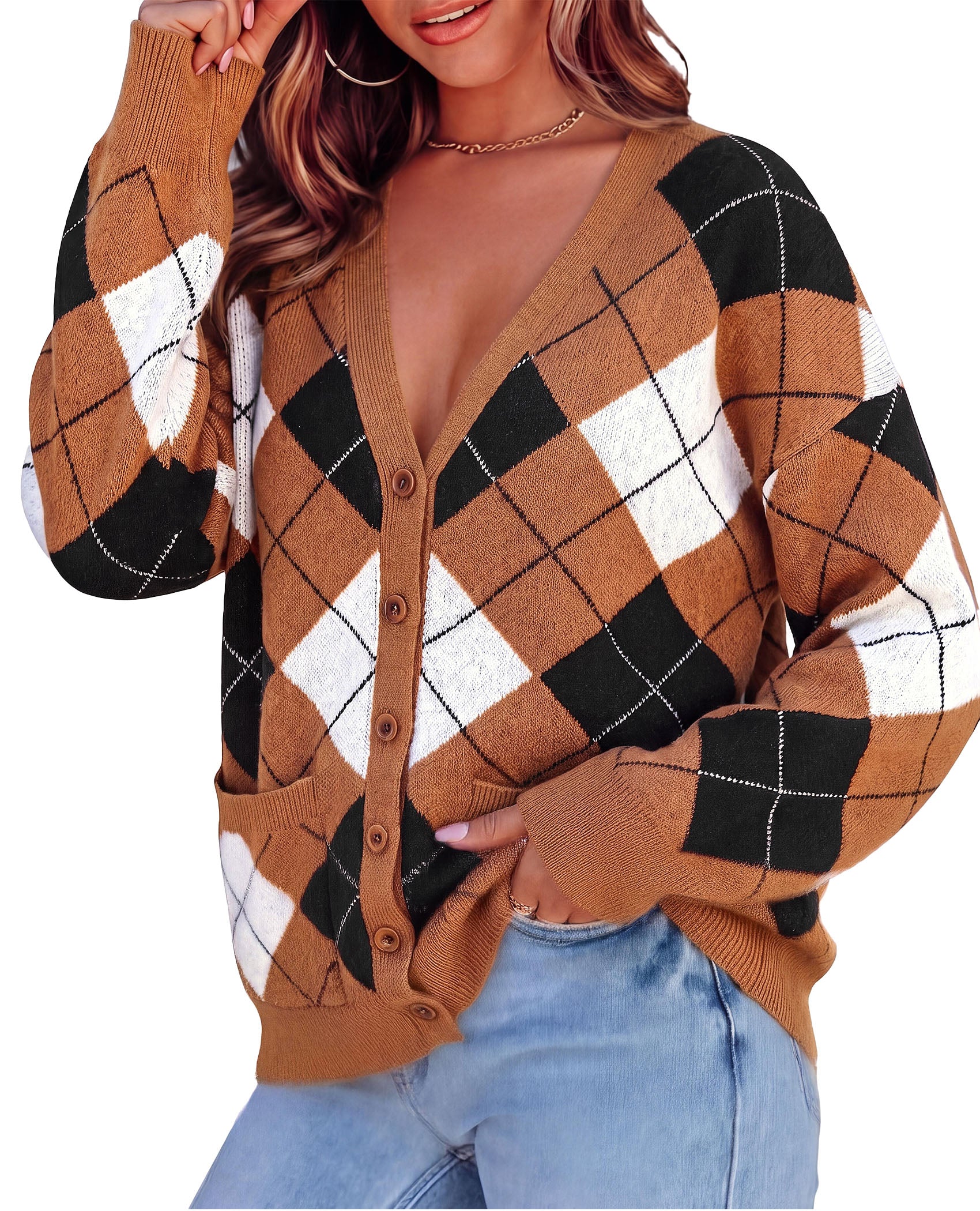 PRETTYGARDEN Women's Cardigan Argyle Winter Sweaters | Cozy Warm Chunky Knit, Long Sleeve V Neck, Color Block Plaid, Button Up Pocket,Trendy Fall Jackets, Holiday Going Out Outfits