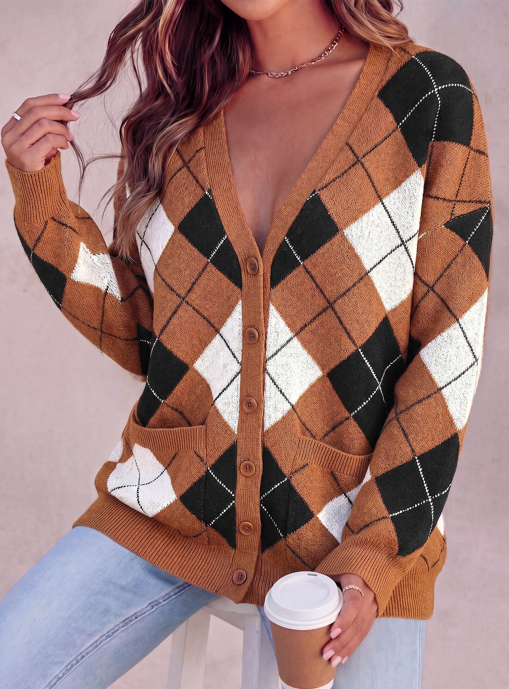 PRETTYGARDEN Women's Cardigan Argyle Winter Sweaters | Cozy Warm Chunky Knit, Long Sleeve V Neck, Color Block Plaid, Button Up Pocket,Trendy Fall Jackets, Holiday Going Out Outfits