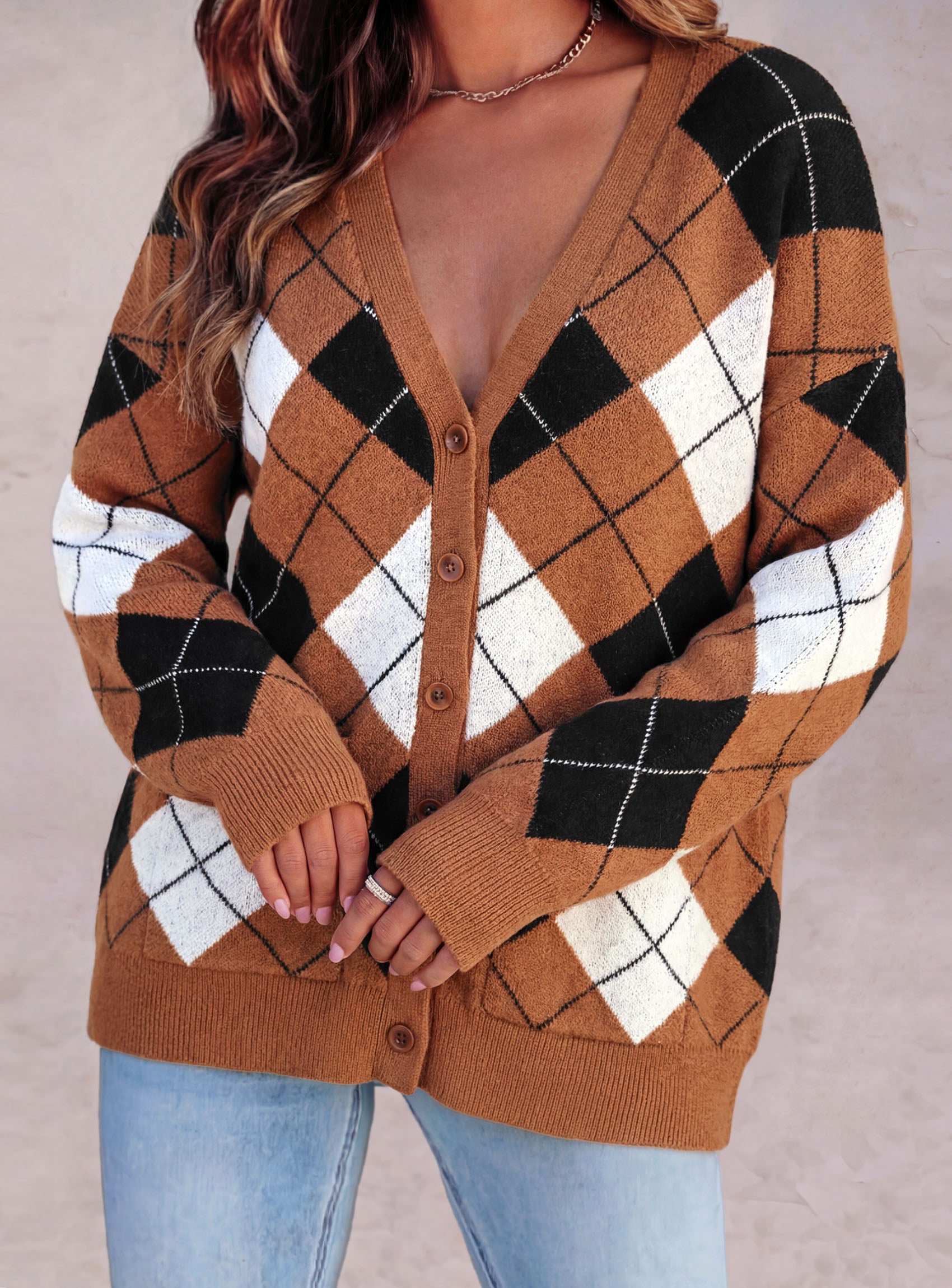 PRETTYGARDEN Women's Cardigan Argyle Winter Sweaters | Cozy Warm Chunky Knit, Long Sleeve V Neck, Color Block Plaid, Button Up Pocket,Trendy Fall Jackets, Holiday Going Out Outfits