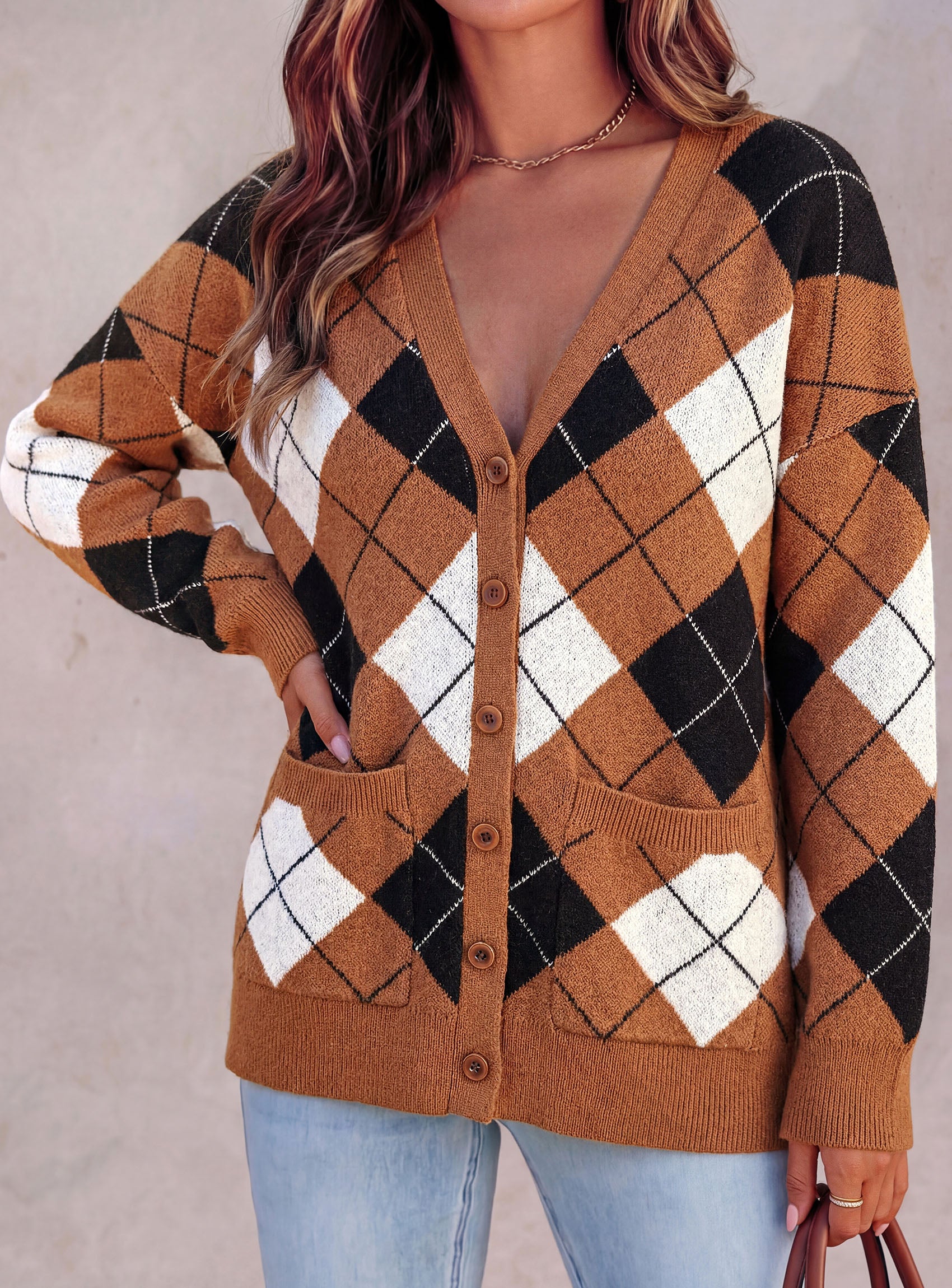 PRETTYGARDEN Women's Cardigan Argyle Winter Sweaters | Cozy Warm Chunky Knit, Long Sleeve V Neck, Color Block Plaid, Button Up Pocket,Trendy Fall Jackets, Holiday Going Out Outfits