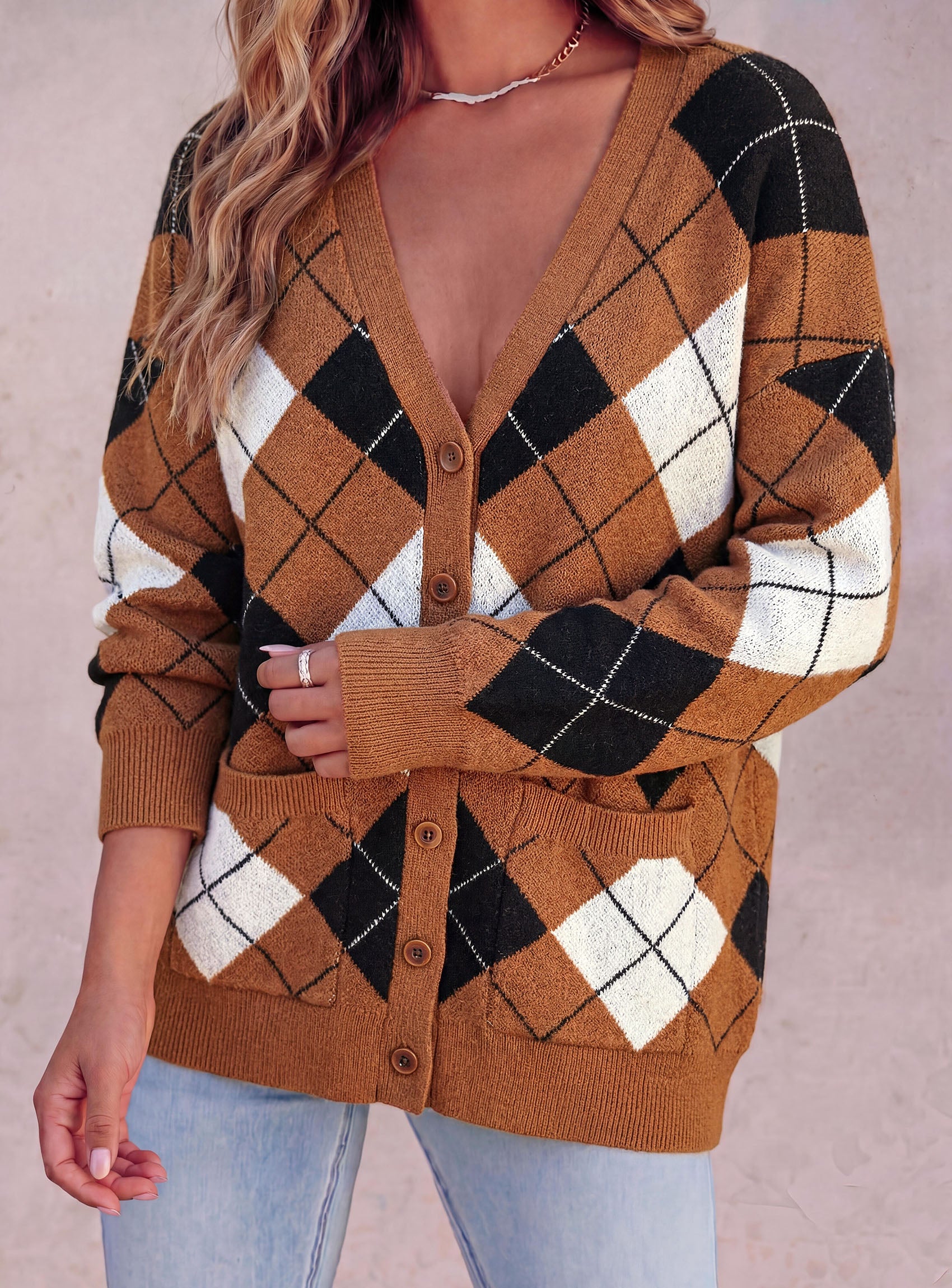 PRETTYGARDEN Women's Cardigan Argyle Winter Sweaters | Cozy Warm Chunky Knit, Long Sleeve V Neck, Color Block Plaid, Button Up Pocket,Trendy Fall Jackets, Holiday Going Out Outfits