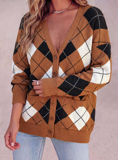 PRETTYGARDEN Women's Cardigan Argyle Winter Sweaters | Cozy Warm Chunky Knit, Long Sleeve V Neck, Color Block Plaid, Button Up Pocket,Trendy Fall Jackets, Holiday Going Out Outfits