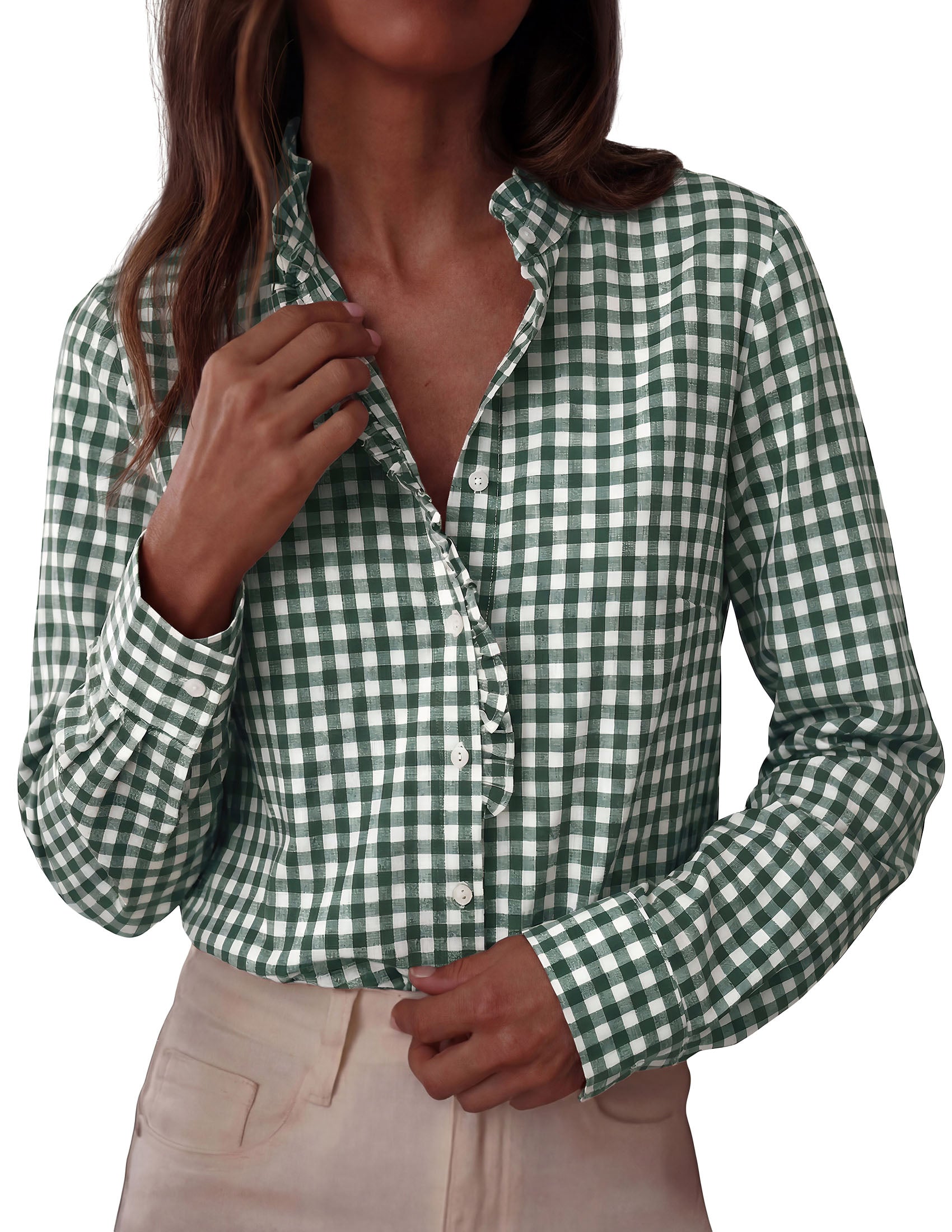 PRETTYGARDEN Womens Long Sleeve Button Down Shirts | Soft Cotton Fabric, Fashion Plaid Shirt, Basic Collared V Neck, Work Business Casual Blouses, 2026 Fall Trendy Outfits