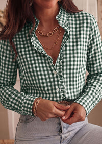 PRETTYGARDEN Womens Long Sleeve Button Down Shirts | Soft Cotton Fabric, Fashion Plaid Shirt, Basic Collared V Neck, Work Business Casual Blouses, 2026 Fall Trendy Outfits