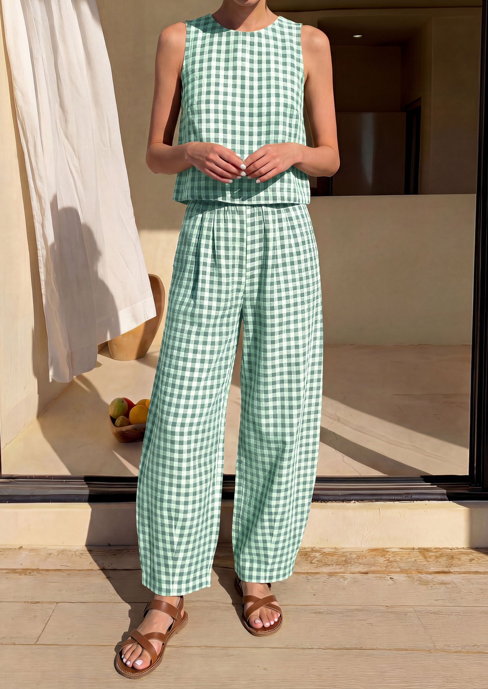 PRETTYGARDEN Womens 2 Piece Sets Summer Plaid Sleeveless Tops Wide Leg Pants Matching Lounge Set Beach Vacation Outfits