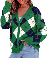 PRETTYGARDEN Women's Cardigan Argyle Winter Sweaters | Cozy Warm Chunky Knit, Long Sleeve V Neck, Color Block Plaid, Button Up Pocket,Trendy Fall Jackets, Holiday Going Out Outfits