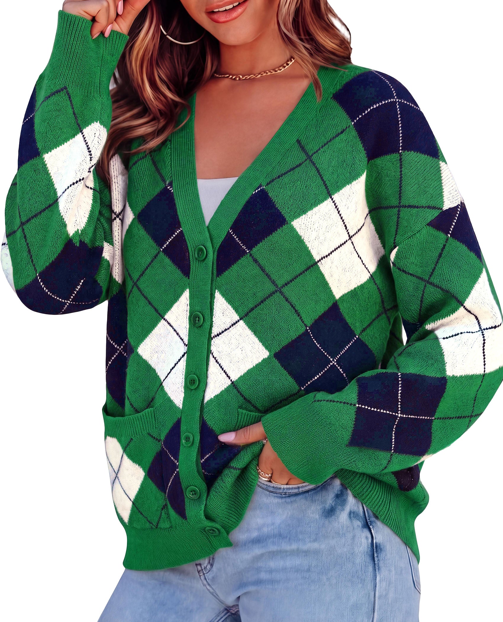 PRETTYGARDEN Women's Cardigan Argyle Winter Sweaters | Cozy Warm Chunky Knit, Long Sleeve V Neck, Color Block Plaid, Button Up Pocket,Trendy Fall Jackets, Holiday Going Out Outfits