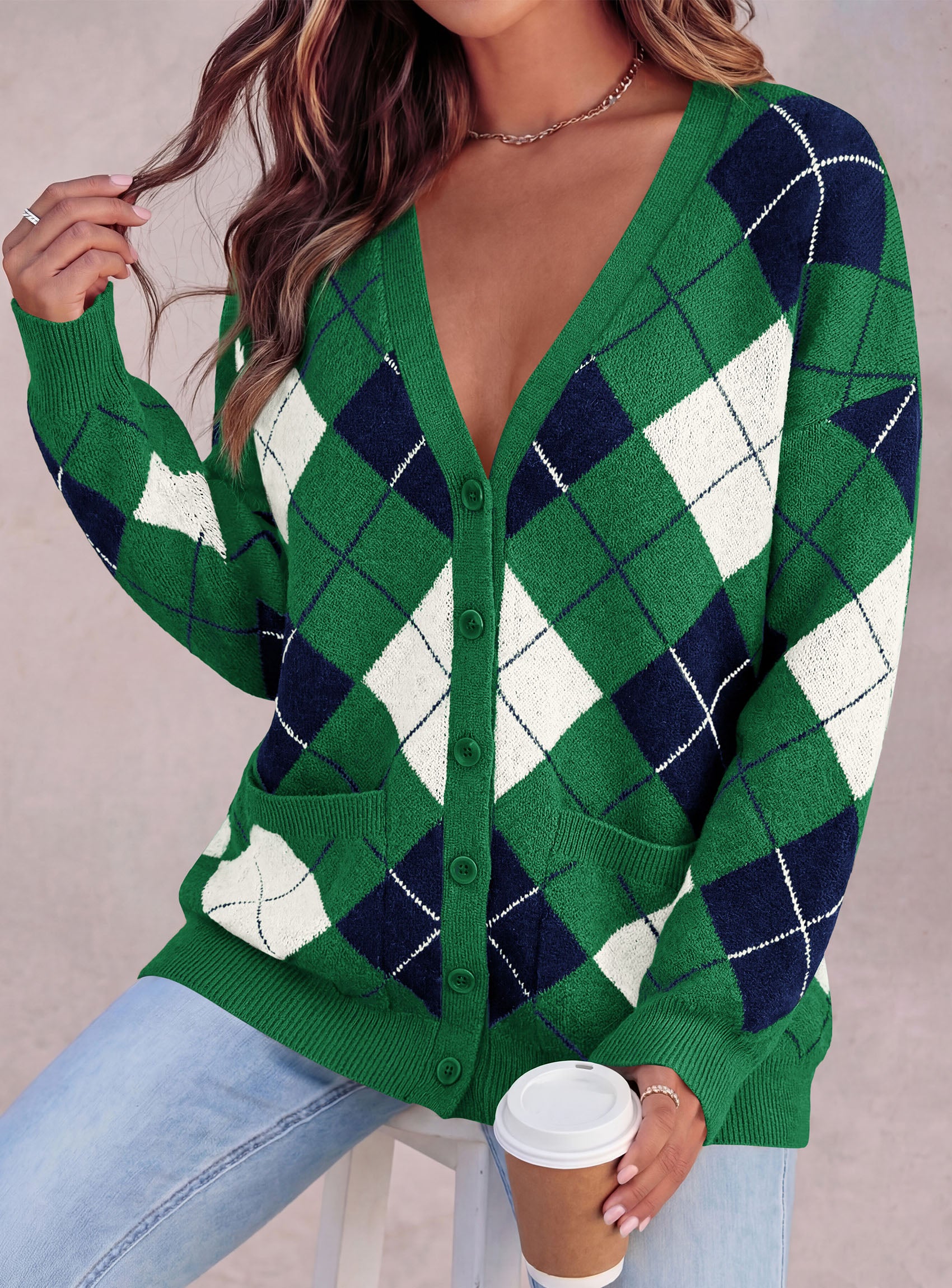 PRETTYGARDEN Women's Cardigan Argyle Winter Sweaters | Cozy Warm Chunky Knit, Long Sleeve V Neck, Color Block Plaid, Button Up Pocket,Trendy Fall Jackets, Holiday Going Out Outfits
