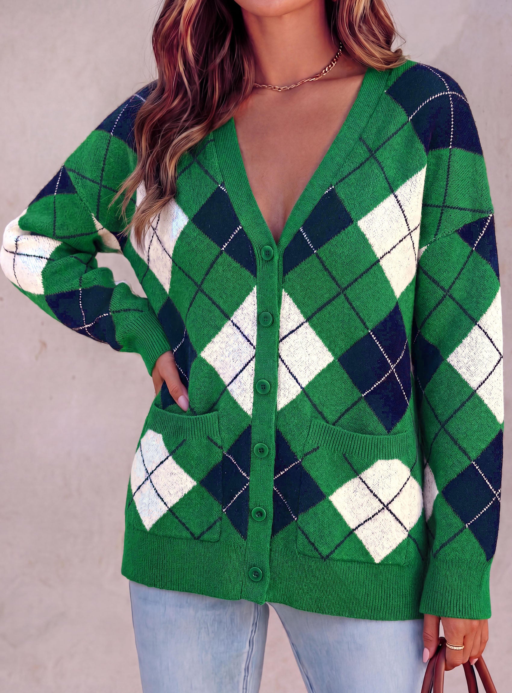 PRETTYGARDEN Women's Cardigan Argyle Winter Sweaters | Cozy Warm Chunky Knit, Long Sleeve V Neck, Color Block Plaid, Button Up Pocket,Trendy Fall Jackets, Holiday Going Out Outfits