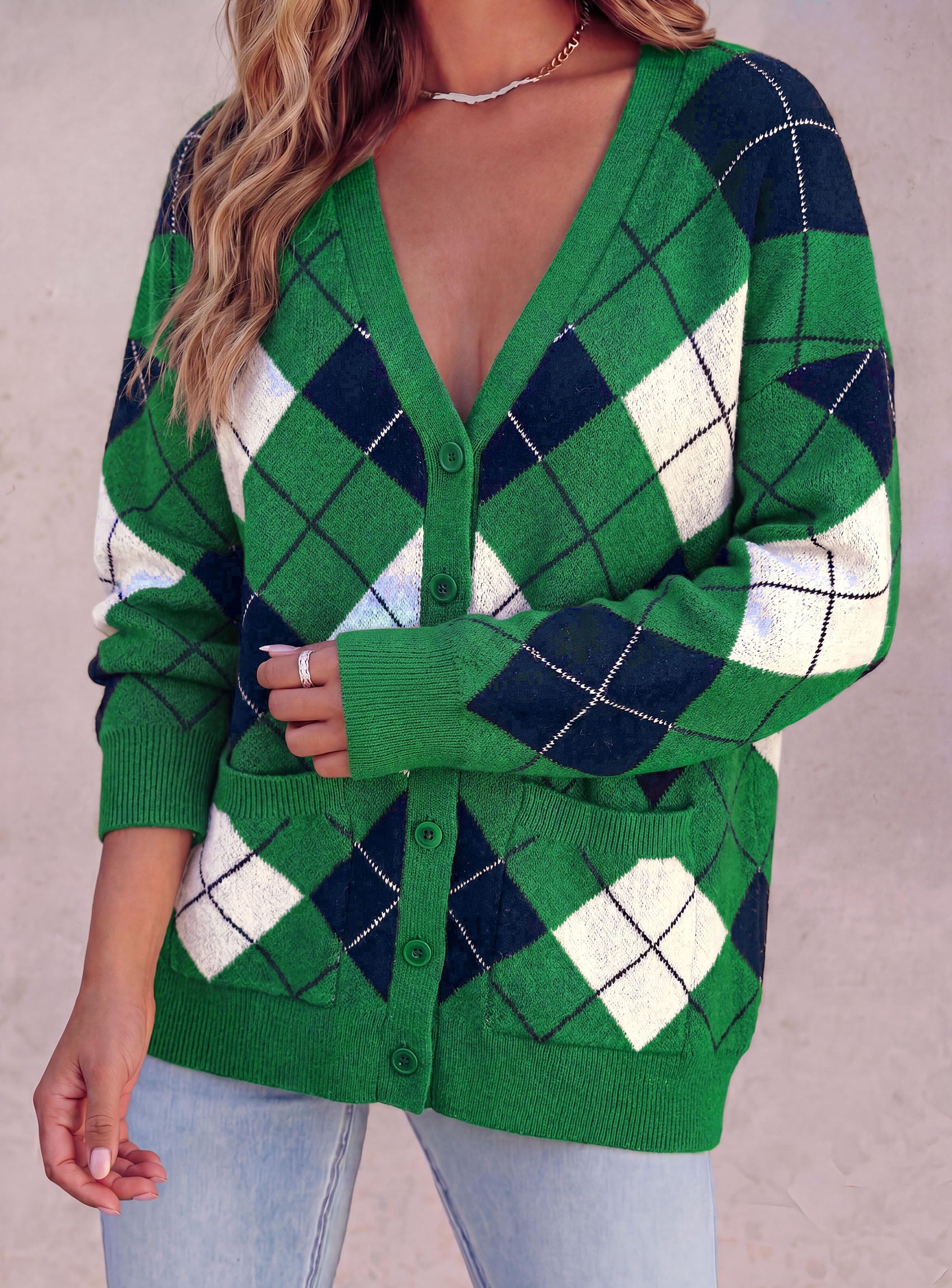 PRETTYGARDEN Women's Cardigan Argyle Winter Sweaters | Cozy Warm Chunky Knit, Long Sleeve V Neck, Color Block Plaid, Button Up Pocket,Trendy Fall Jackets, Holiday Going Out Outfits
