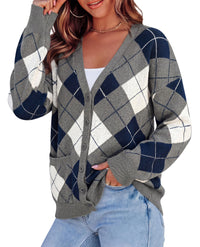 PRETTYGARDEN Women's Cardigan Argyle Winter Sweaters | Cozy Warm Chunky Knit, Long Sleeve V Neck, Color Block Plaid, Button Up Pocket,Trendy Fall Jackets, Holiday Going Out Outfits