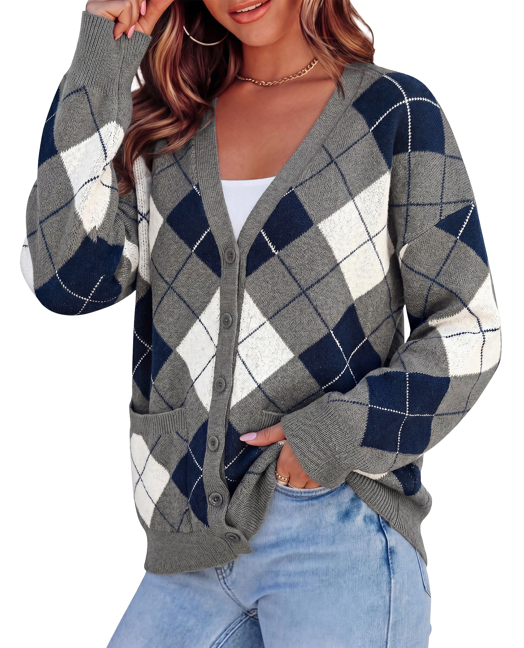 PRETTYGARDEN Women's Cardigan Argyle Winter Sweaters | Cozy Warm Chunky Knit, Long Sleeve V Neck, Color Block Plaid, Button Up Pocket,Trendy Fall Jackets, Holiday Going Out Outfits