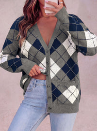 PRETTYGARDEN Women's Cardigan Argyle Winter Sweaters | Cozy Warm Chunky Knit, Long Sleeve V Neck, Color Block Plaid, Button Up Pocket,Trendy Fall Jackets, Holiday Going Out Outfits