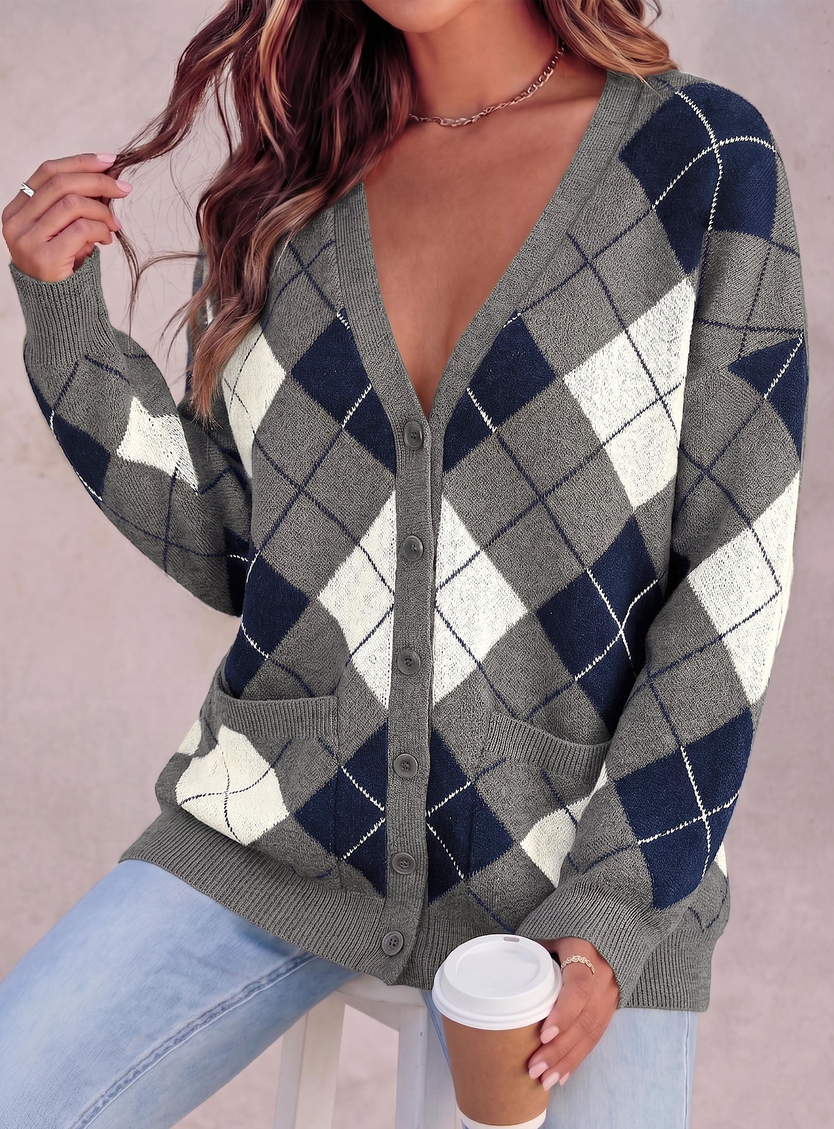 PRETTYGARDEN Women's Cardigan Argyle Winter Sweaters | Cozy Warm Chunky Knit, Long Sleeve V Neck, Color Block Plaid, Button Up Pocket,Trendy Fall Jackets, Holiday Going Out Outfits