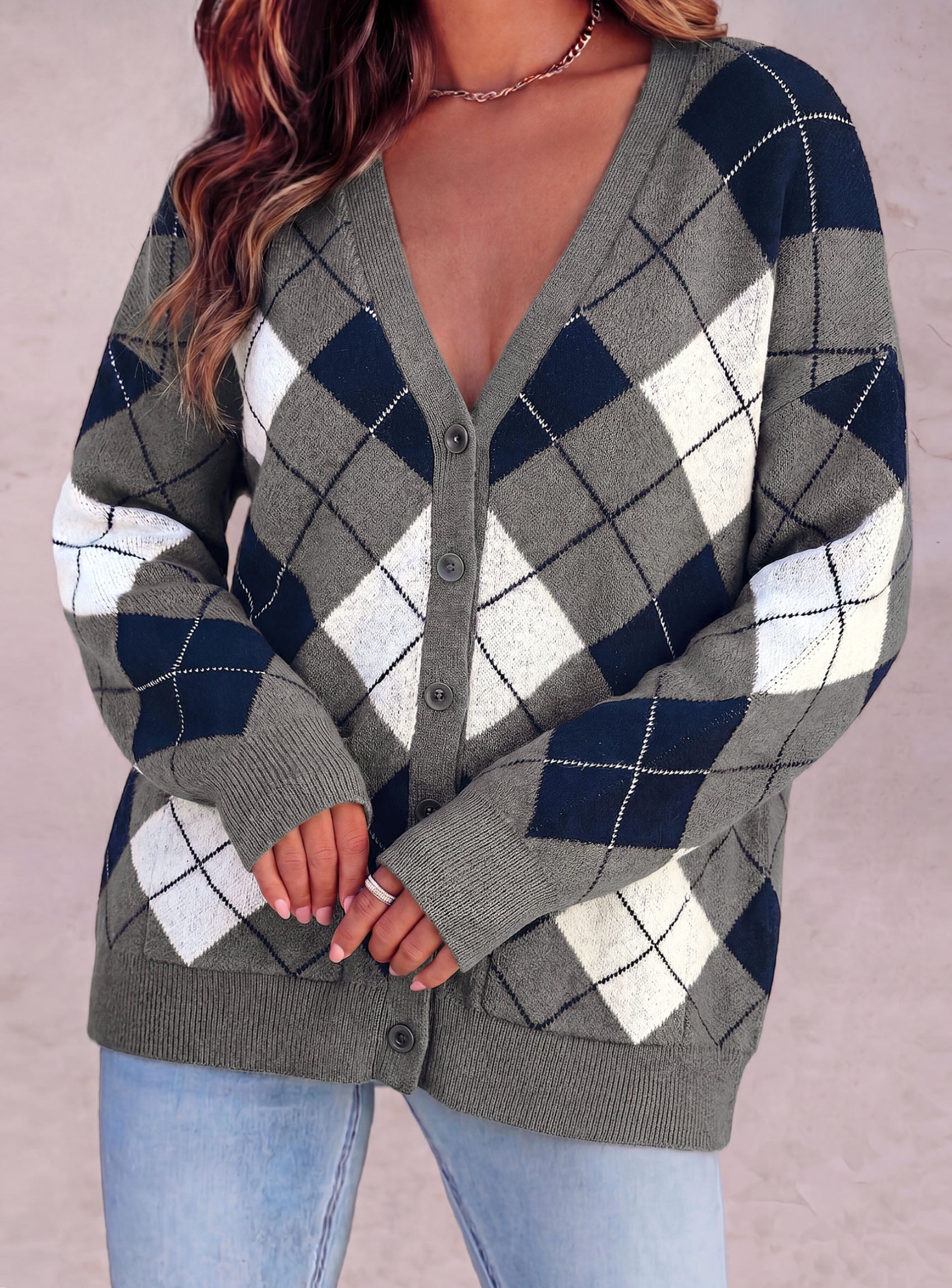 PRETTYGARDEN Women's Cardigan Argyle Winter Sweaters | Cozy Warm Chunky Knit, Long Sleeve V Neck, Color Block Plaid, Button Up Pocket,Trendy Fall Jackets, Holiday Going Out Outfits