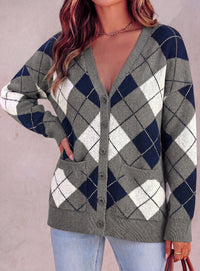 PRETTYGARDEN Women's Cardigan Argyle Winter Sweaters | Cozy Warm Chunky Knit, Long Sleeve V Neck, Color Block Plaid, Button Up Pocket,Trendy Fall Jackets, Holiday Going Out Outfits