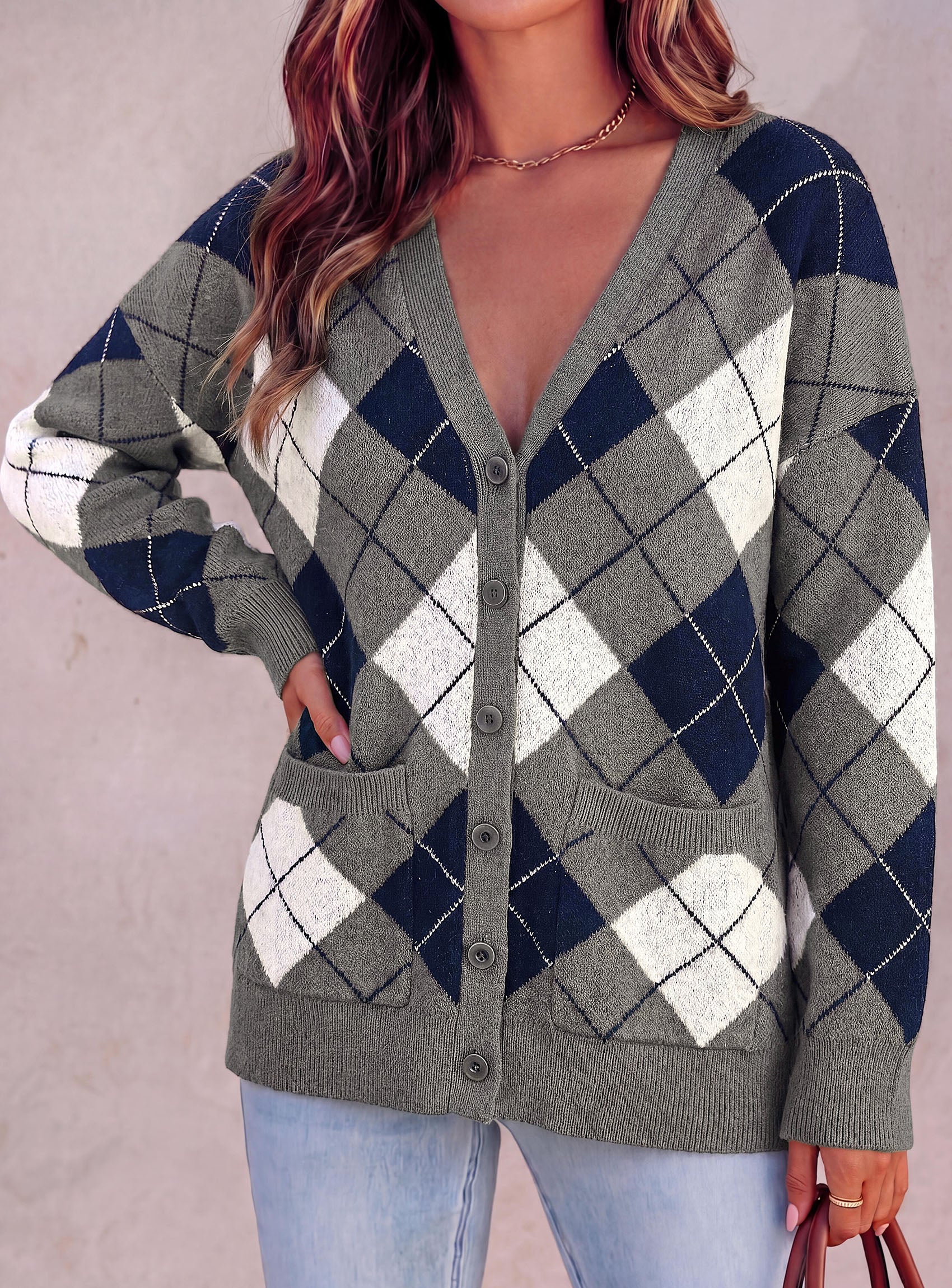 PRETTYGARDEN Women's Cardigan Argyle Winter Sweaters | Cozy Warm Chunky Knit, Long Sleeve V Neck, Color Block Plaid, Button Up Pocket,Trendy Fall Jackets, Holiday Going Out Outfits